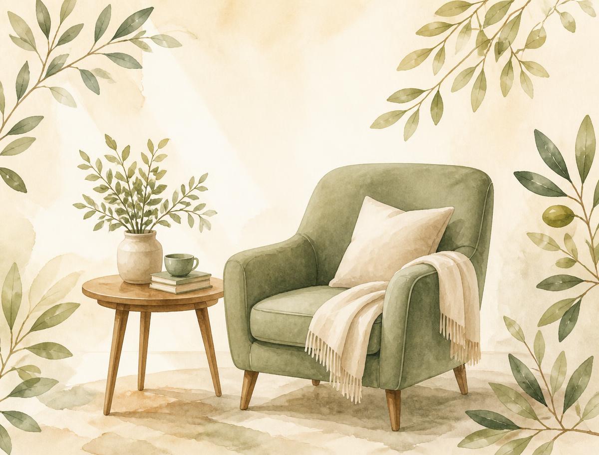 Poltrona verde e mesa de apoio em ilustração aquarelada